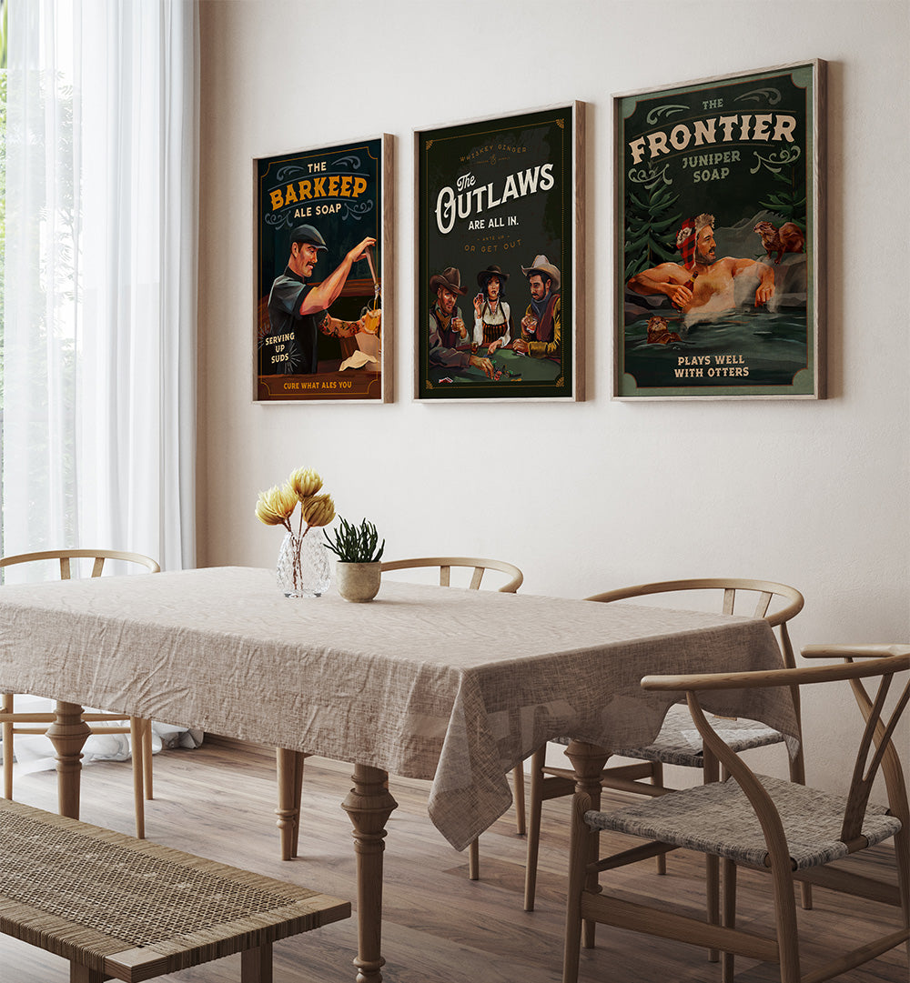 Dining room with framed posters on the wall
