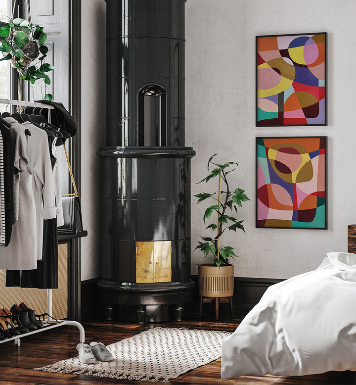 Modern bedroom with black wood-burning stove, colorful abstract art, and a bed.
