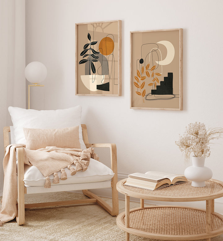 Cozy living room with a wooden armchair, coffee table, and abstract wall art.