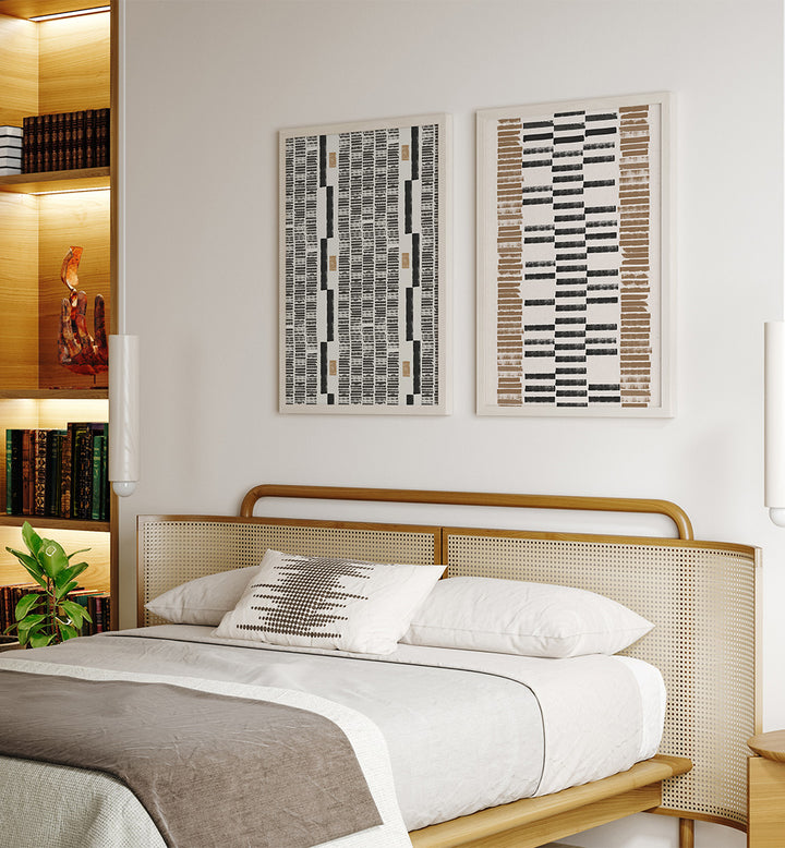 Modern bedroom with a bed, headboard, and abstract wall art.