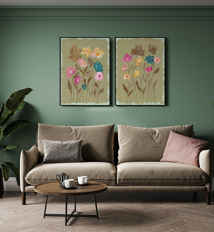 Living room with a beige sofa, round coffee table, and floral wall art on a green wall.