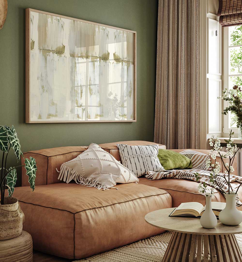 Stunning BLANCHED ALMONDS II, ABSTRACT PAINTINGS enhancing a cozy living room with elegant decor elements.