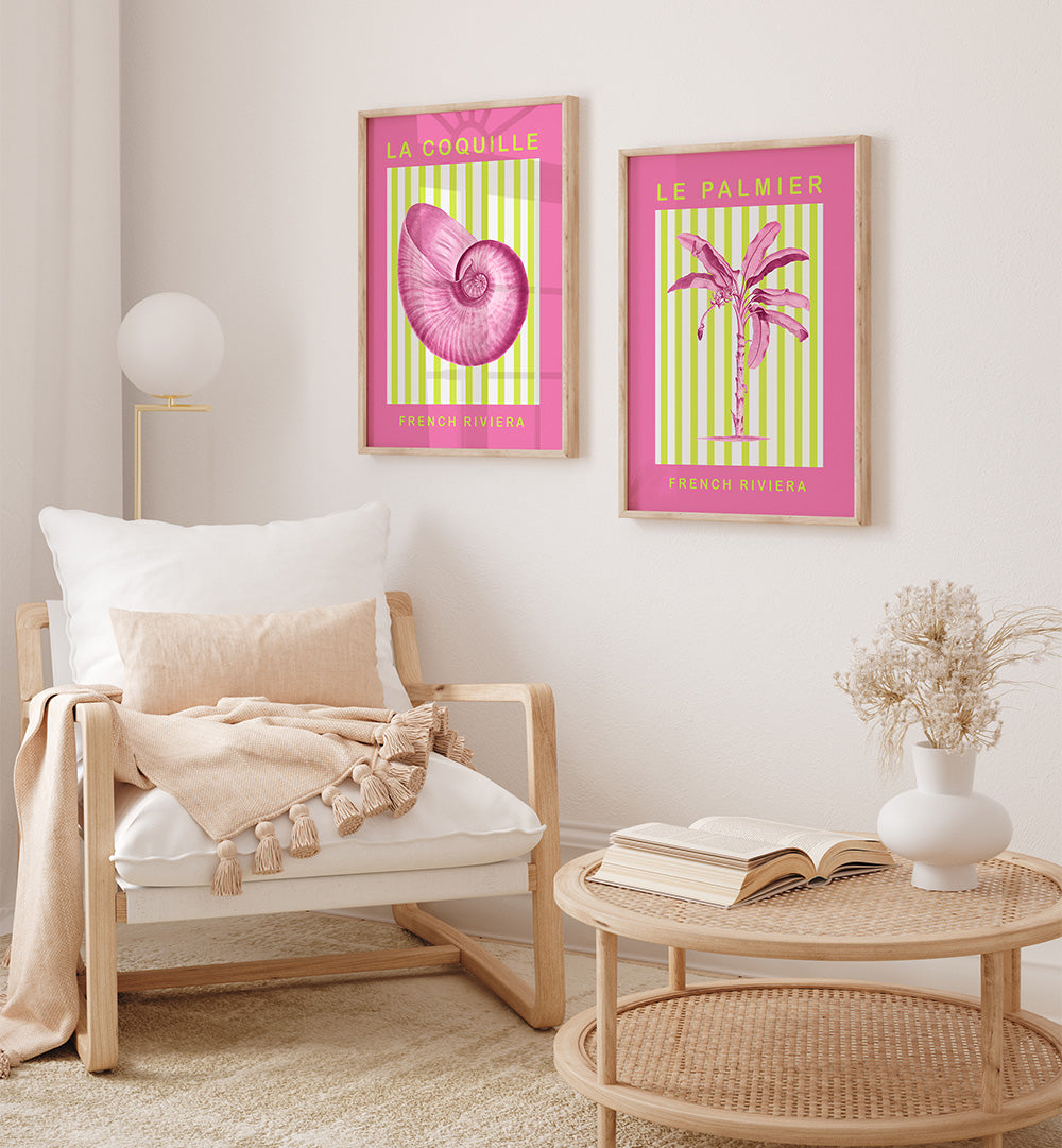 Living room with a wooden armchair, coffee table, and decorative posters on the wall.