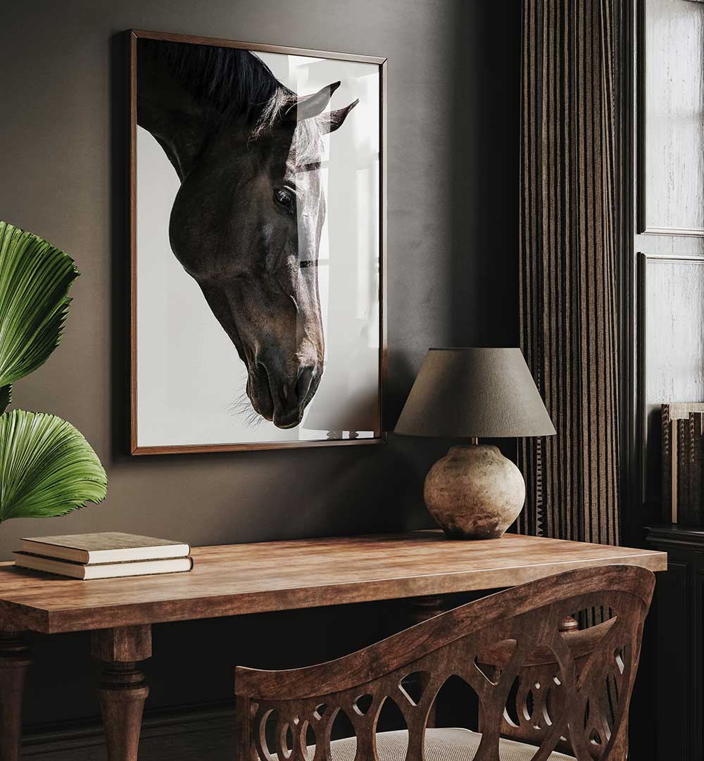 Framed horse portrait over wooden desk, GENTLE EQUINE GAZE , ANIMAL PAINTINGS wall art in neutral modern study