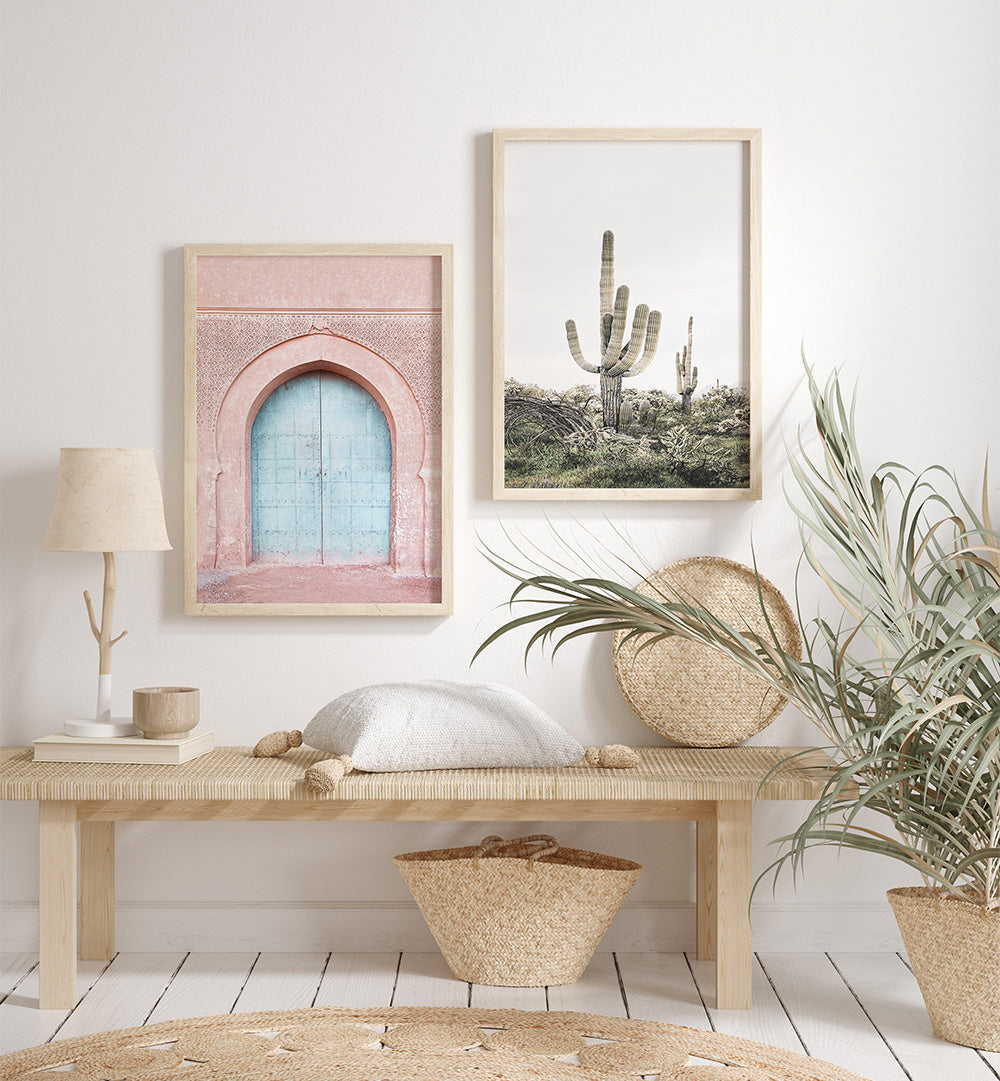 Nautical-themed room with framed artwork, a wooden bench, and decorative items.