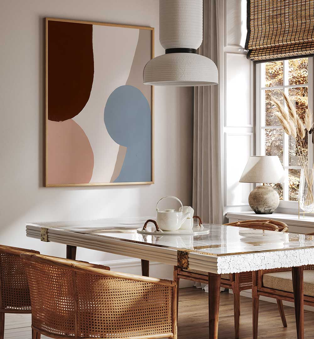 EARTHY CURVES, ABSTRACT PAINTINGS with rich earth tones and organic shapes enhancing a cozy dining space ambiance