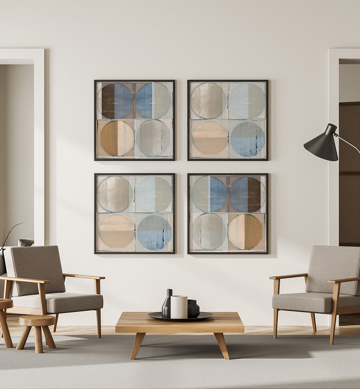 Modern living room with geometric wall art and wooden furniture