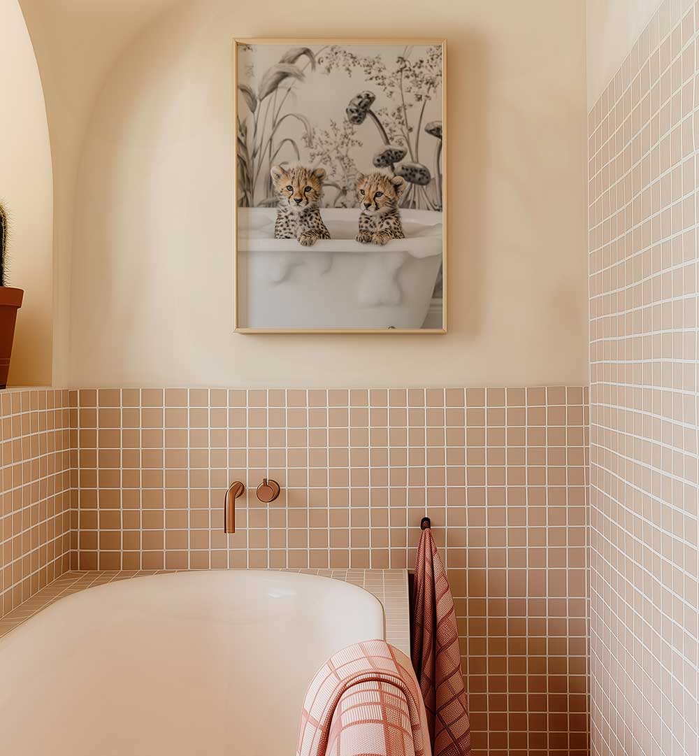 CHEETAH CUB BATH , BATHROOM ART PRINTS