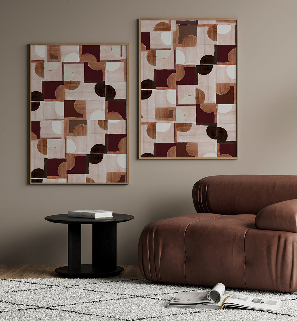 Modern living room with abstract geometric wall art and a brown sofa.