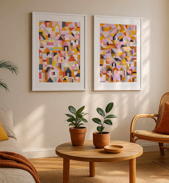 COLOURFUL RETRO GEO ABSTRACT , SET OF 2 PAINTINGS