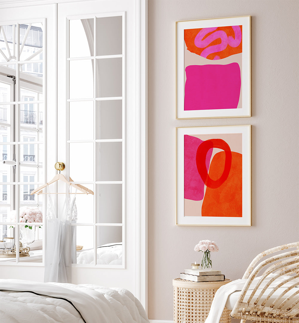 Modern bedroom with abstract art on the wall