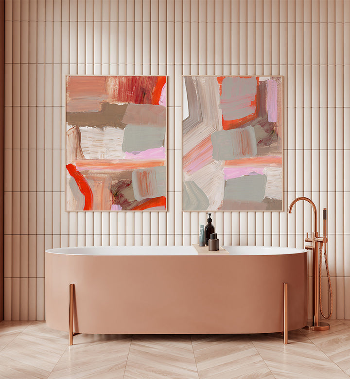 Bathroom with a freestanding bathtub, abstract wall art, and copper fixtures.