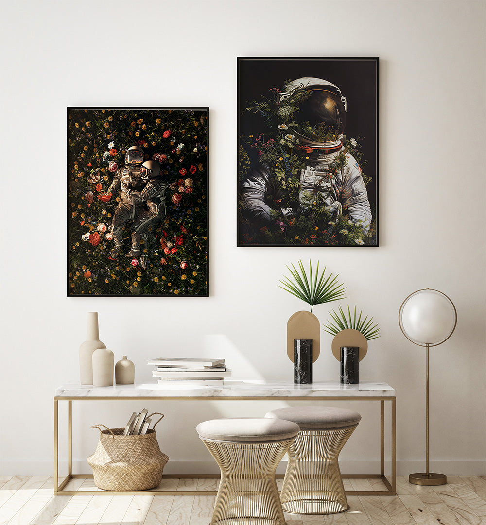 Modern interior with two framed artworks of astronauts in a space-themed setting, a console table with decor items, and a lamp.