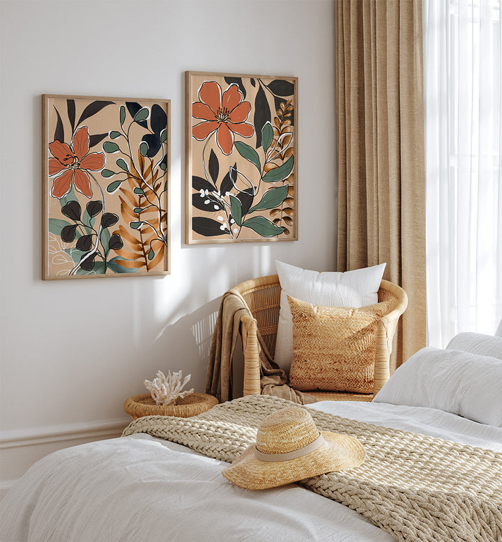 Decorative bedroom with floral wall art, wicker basket, and straw hat.