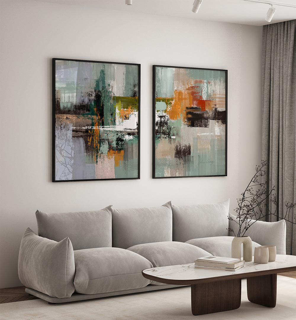 Modern living room with abstract art on the wall and a gray sofa.