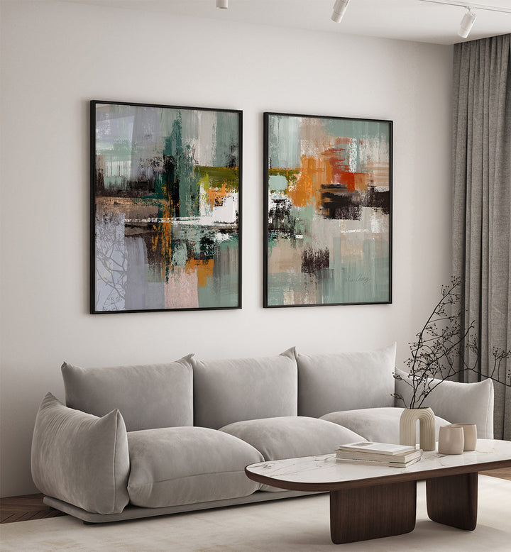 Modern living room with abstract art on the wall and a gray sofa.