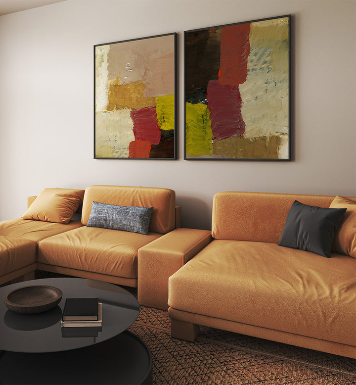 Modern living room with a brown sectional sofa, abstract paintings, and a round black coffee table.
