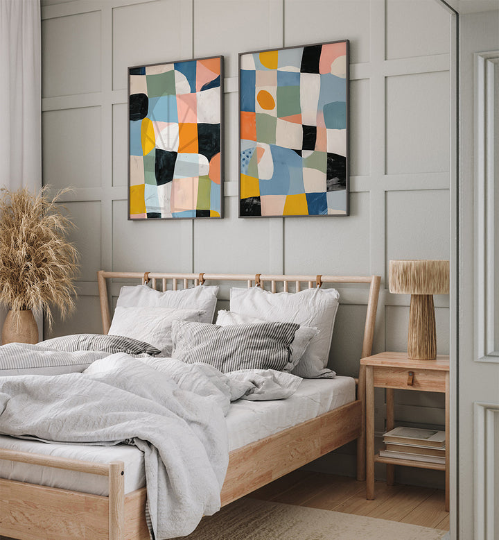 Bedroom with abstract wall art, wooden bed, and side table.