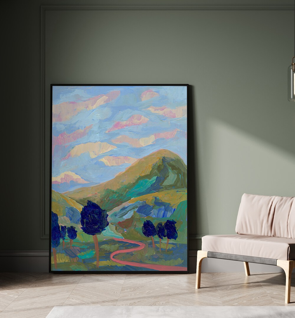 Vibrant BLUE MOUNTAIN, LANDSCAPE PAINTINGS showcasing serene hills and colorful trees in a cozy setting.