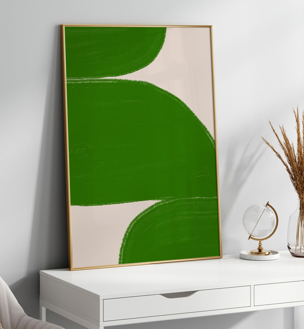 Brightly framed GREEN SUMMER SHAPES, ABSTRACT PAINTINGS showcase vibrant greens, enhancing any contemporary space.