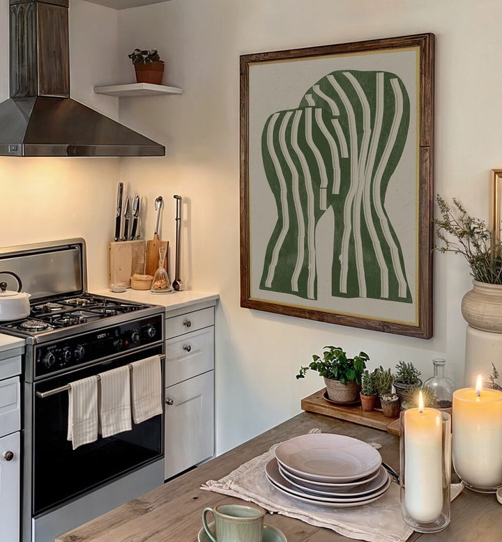 Stylish kitchen featuring the ABSTRACT KISS, an evocative piece among abstract paintings, enhancing emotional connection.