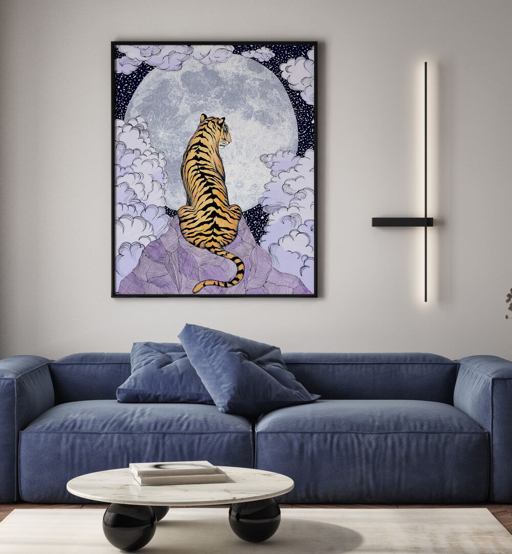 TIGER MOON 2018, ANIMAL PAINTINGS showcase a majestic tiger under a full moon, capturing nature's raw beauty.