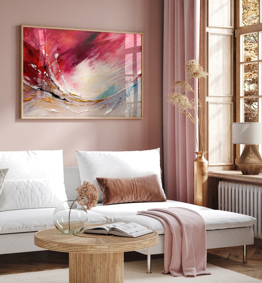 Vibrant ENERGY MEETS EMOTION, ABSTRACT PAINTINGS adorn a stylish living room, enhancing vitality and connection.