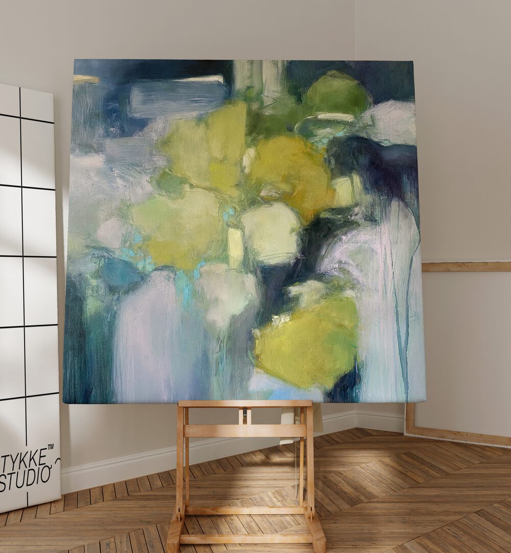 Vibrant abstract painting titled "FOREST BATHING, ABSTRACT PAINTINGS," capturing nature's serene essence for wellness.