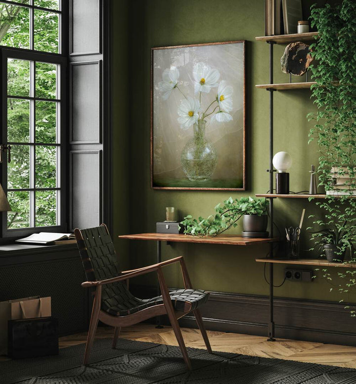 Brighten your space with COSMOS BREEZE, FLORAL FLOWER PAINTINGS, featuring elegant white flowers in a stylish vase.