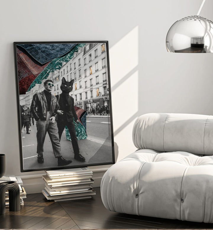 Surreal art print featuring a stylish cat and urban scene, perfect for cat lovers. Discover CAT IN CITY, SURREAL ART PRINTS.