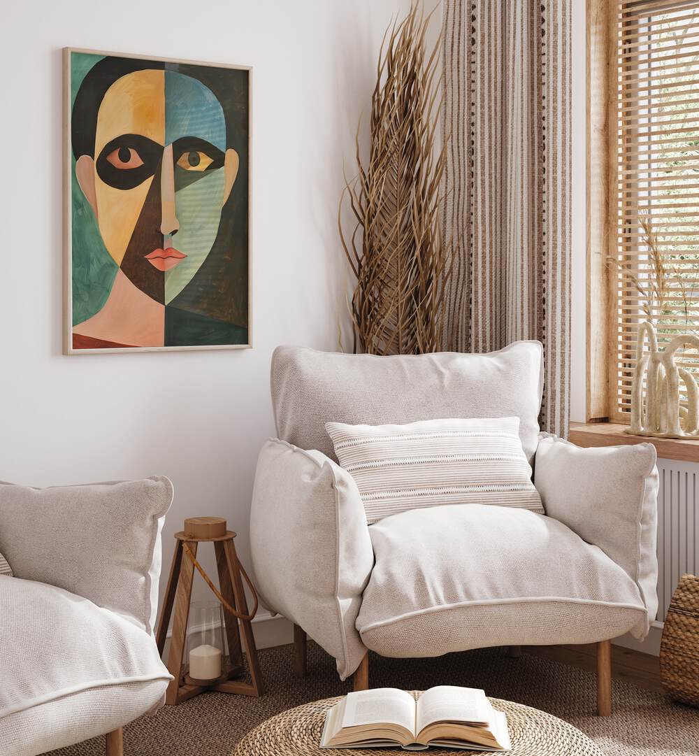 Unique art piece titled "THE MAN IN GREEN, PORTRAITS" enhancing modern decor with striking colors and design.