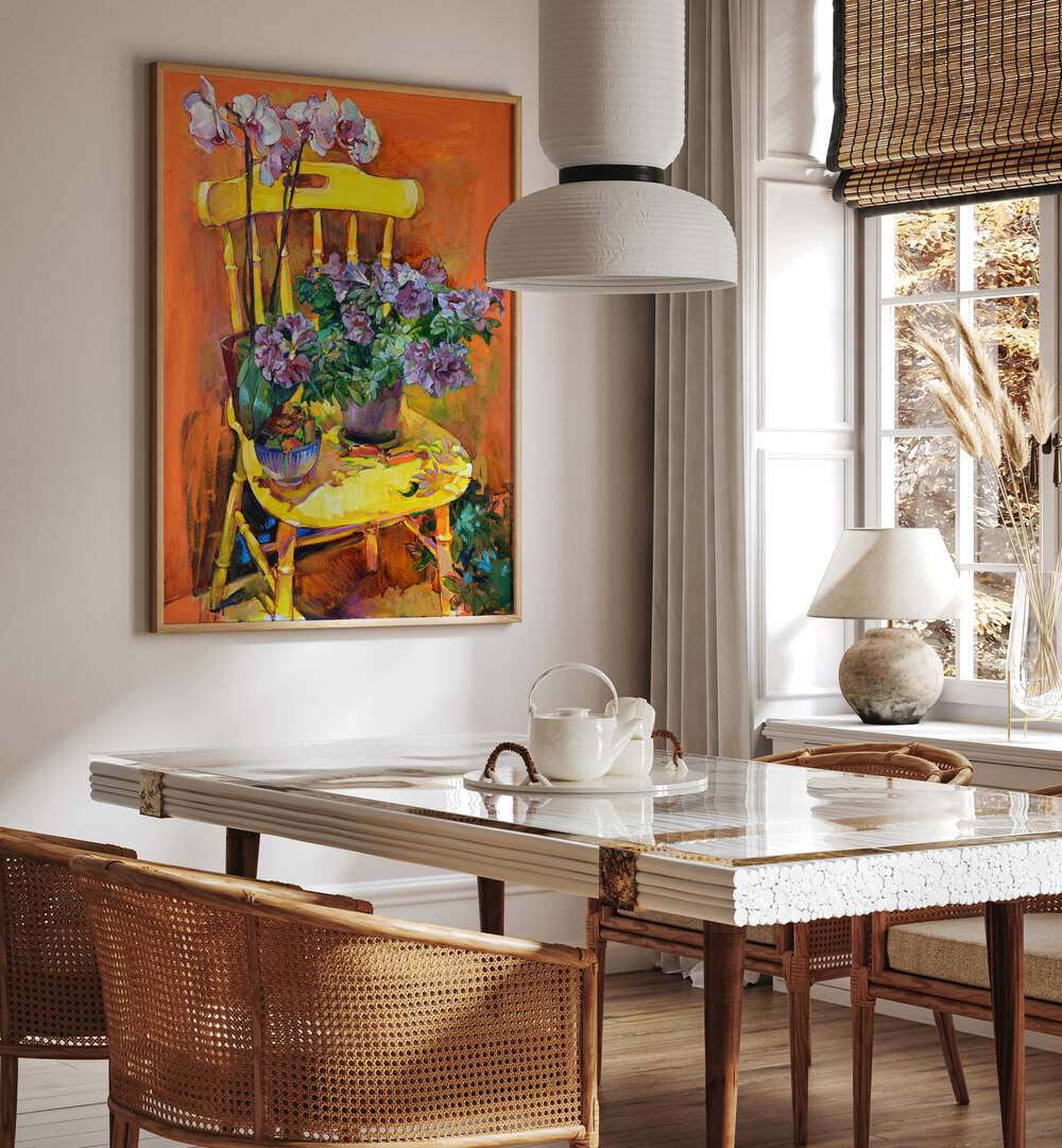 Brightly colored chair with integrated cup plants, showcasing CHAIR WITH CUP PLANTS VIII, FLORAL FLOWER PAINTINGS.