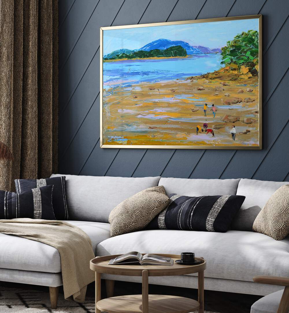 Colorful BEACH STORY II, BEACH PAINTINGS adorns a modern living room, enhancing the coastal aesthetic.
