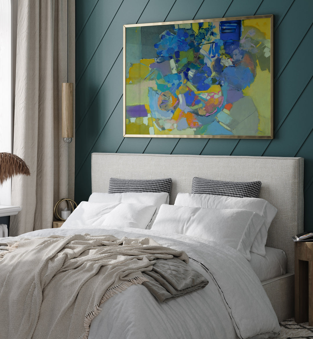 Colorful GARDEN, ABSTRACT PAINTINGS brighten the bedroom, adding elegance and style to any indoor space.