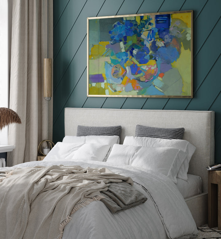 Colorful GARDEN, ABSTRACT PAINTINGS brighten the bedroom, adding elegance and style to any indoor space.