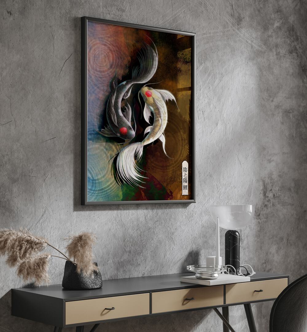Elegant DARK KOI, JAPANESE PAINTINGS showcasing graceful koi fish, perfect for enhancing any home decor.