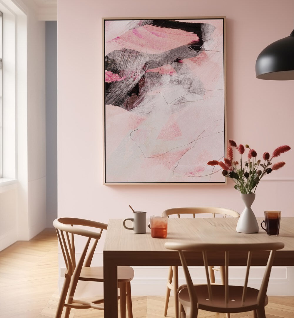 Stunning ABSTRACT LINES TOMB, ABSTRACT PAINTINGS adorn a modern dining space, enhancing creativity and elegance.
