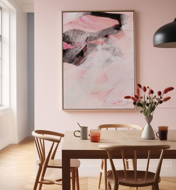 Stunning ABSTRACT LINES TOMB, ABSTRACT PAINTINGS adorn a modern dining space, enhancing creativity and elegance.
