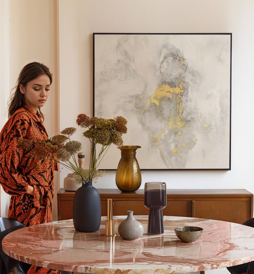 Elegant decor featuring YOSEMITE FALLS I, ABSTRACT PAINTINGS, enhancing a stylish interior with modern elements.