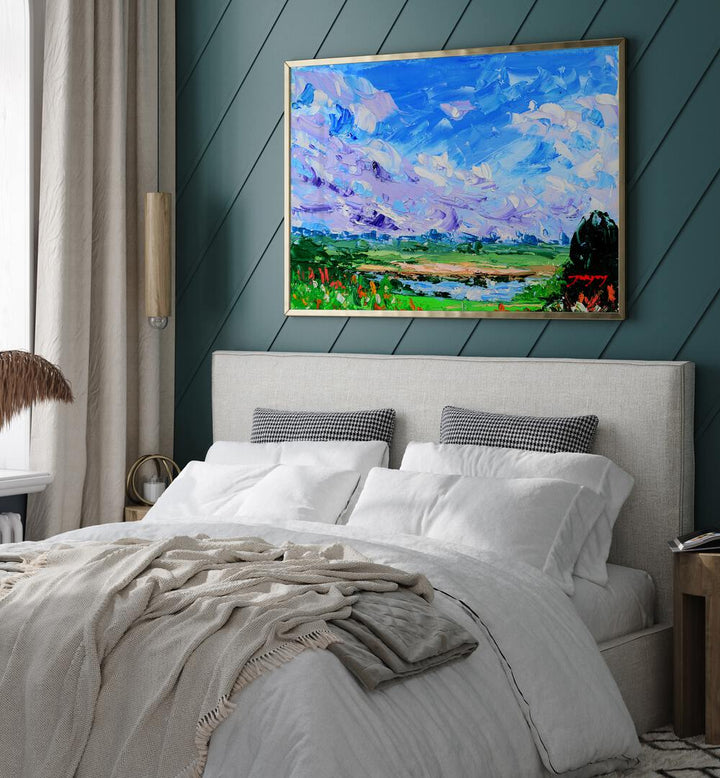 Bright and vibrant WILDFLOWERS AND SKY, LANDSCAPE PAINTINGS bring life to this cozy bedroom decor.