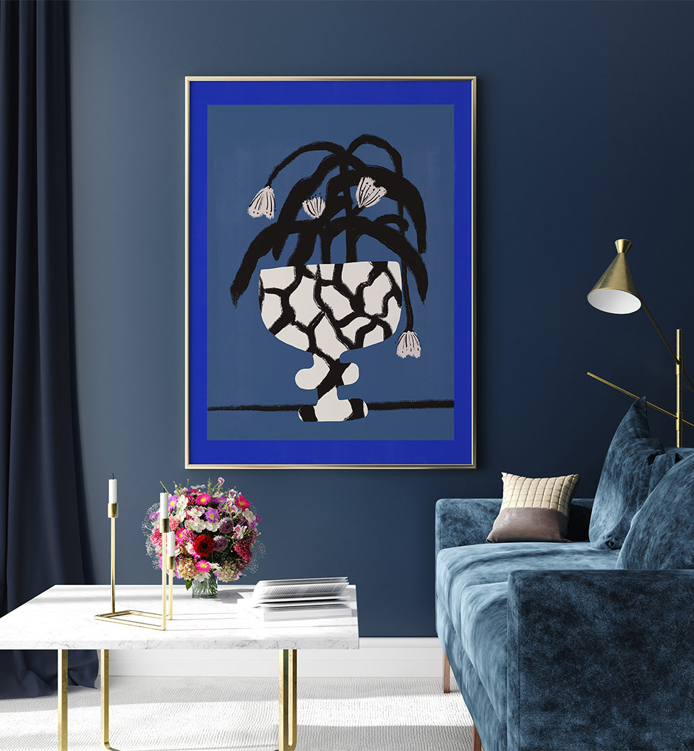 CRACKED VASE IN BLUE , FLORAL FLOWER PAINTINGS