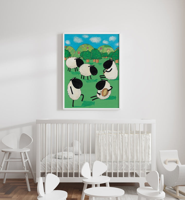 Funny Sheep Dancing In A Green Field By Carla Daly Kids Painting placed on a wall