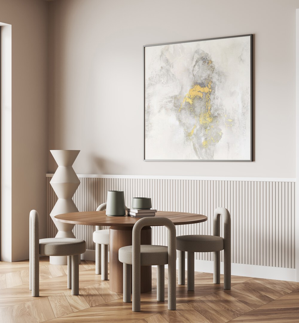 Stylish dining area featuring YOSEMITE FALLS I, ABSTRACT PAINTINGS, enhancing modern decor with elegant artistry.