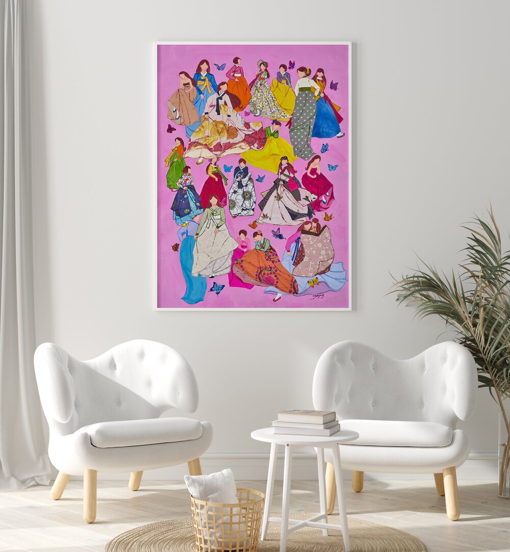 Colorful WOMAN IN DRESSES, FASHION POSTERS displayed in a stylish room, adding charm and elegance to any decor.