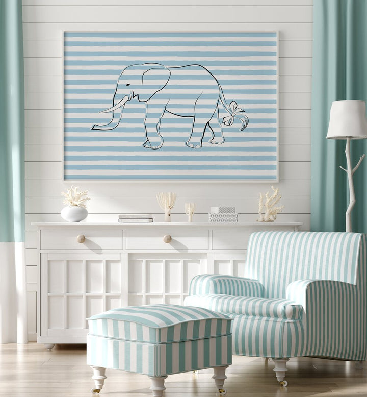 Stripe Elephant By Martina Kids Room Art placed on wall near blue strips sofa 