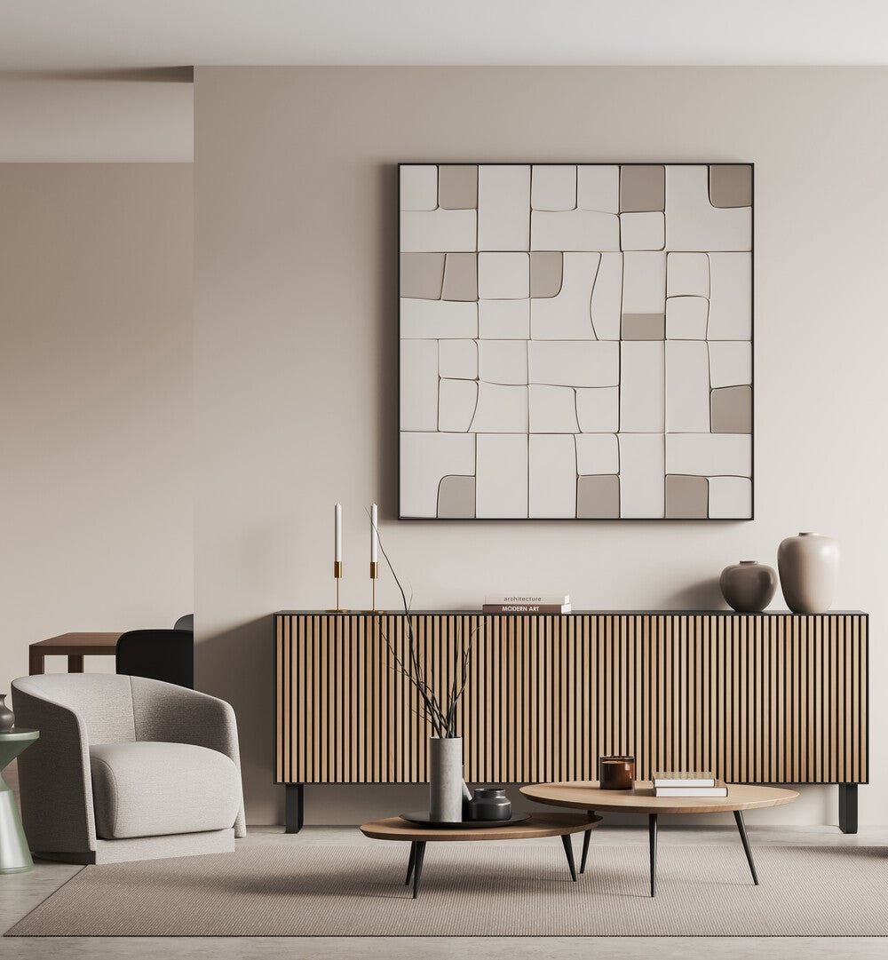 Modern living space featuring PIECES VI, ABSTRACT PAINTINGS, adding elegance and style to any interior decor.