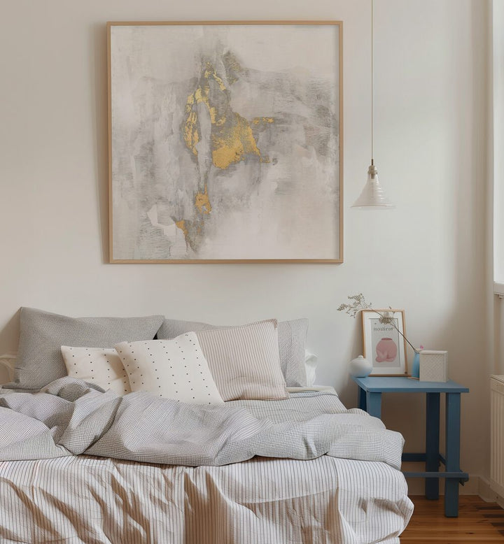 Elegant decor featuring YOSEMITE FALLS II, ABSTRACT PAINTINGS, enhancing a cozy bedroom with modern aesthetics.