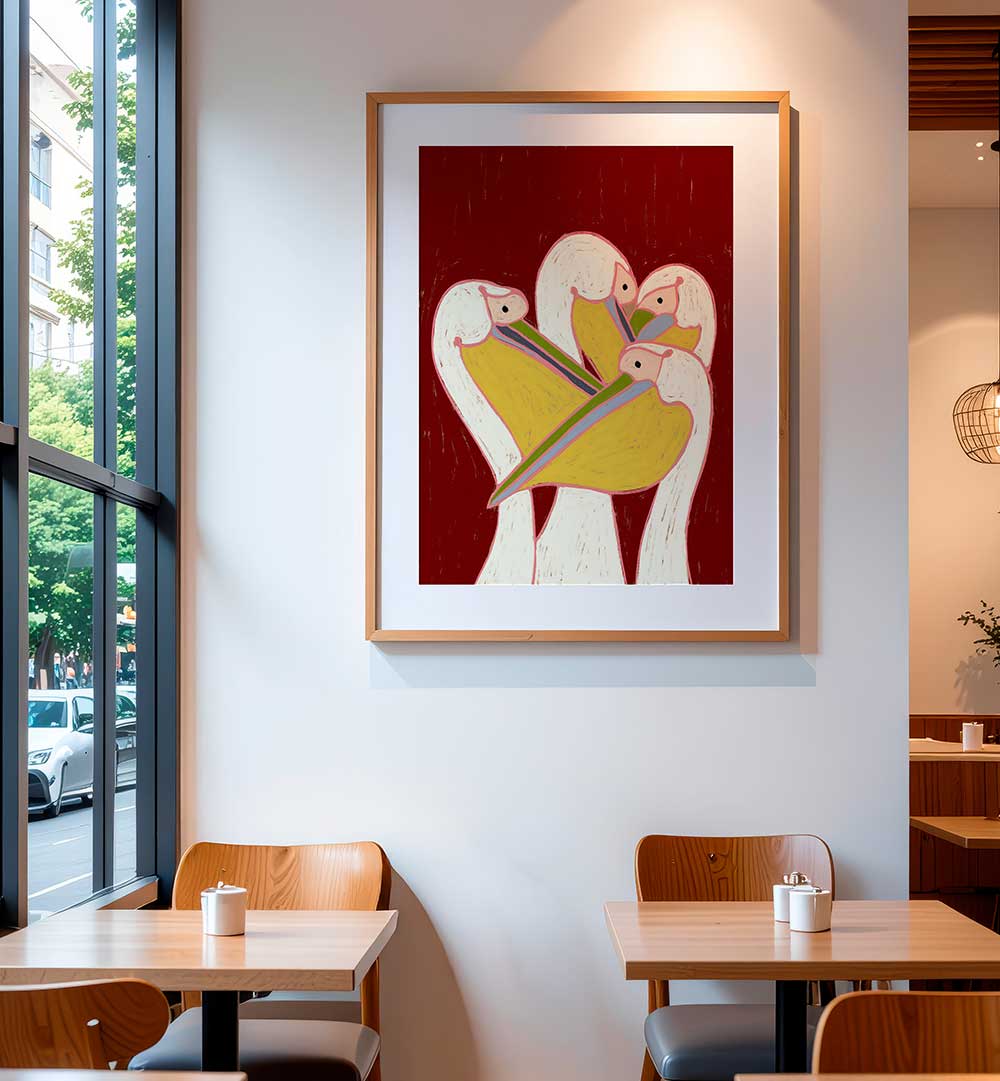 PELICANS OF THE BURGUNDY SKY  ,ANIMAL PAINTINGS