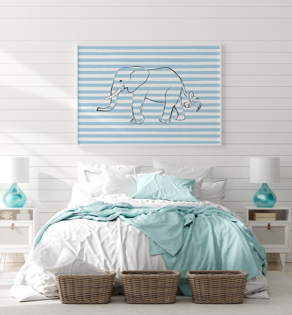 Stripe Elephant By Martina Kids Room Art placed on wall above bed in a bedroom