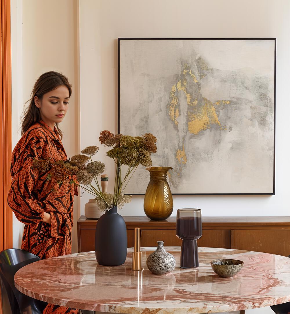 Elegant interior featuring YOSEMITE FALLS II, ABSTRACT PAINTINGS, complemented by stylish decor and floral arrangements.